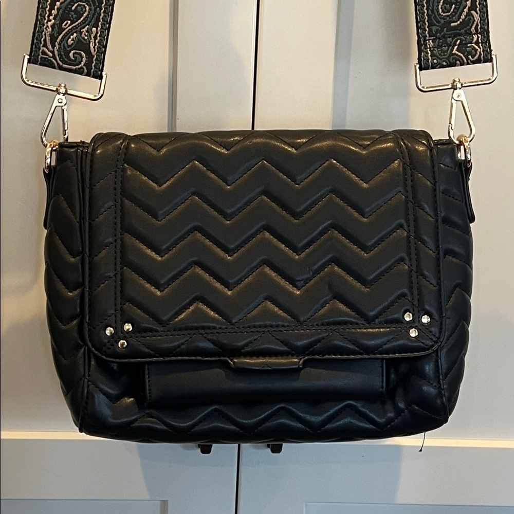 Black Quilted Chevron Crossbody Bag with Guitar style strap 9” X 11” X 4”